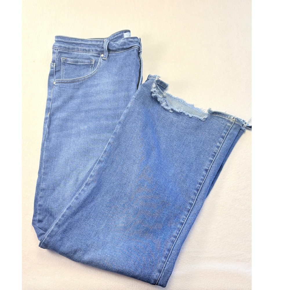 Risen Jeans Wide Leg Women 3XL Blue Raw Notched Step Hem High Rise Denim